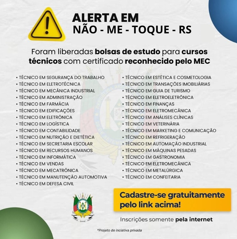 ALERTA EM NÃO-ME-TOQUE: Bolsas de estudo liberadas para cursos técnicos com certificado reconhecido pelo MEC! Uma opo...