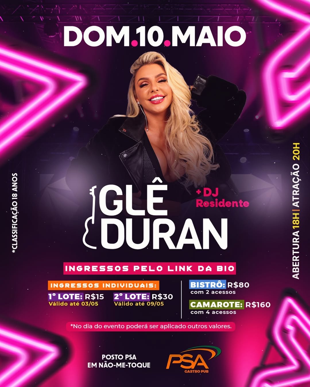 Imagem: Glê Duran no Posto PSA Domingo, dia 10 de Maio, tem Glê Duran aqui no palco do PSA Gastro Pub em Não-Me-Toque �...