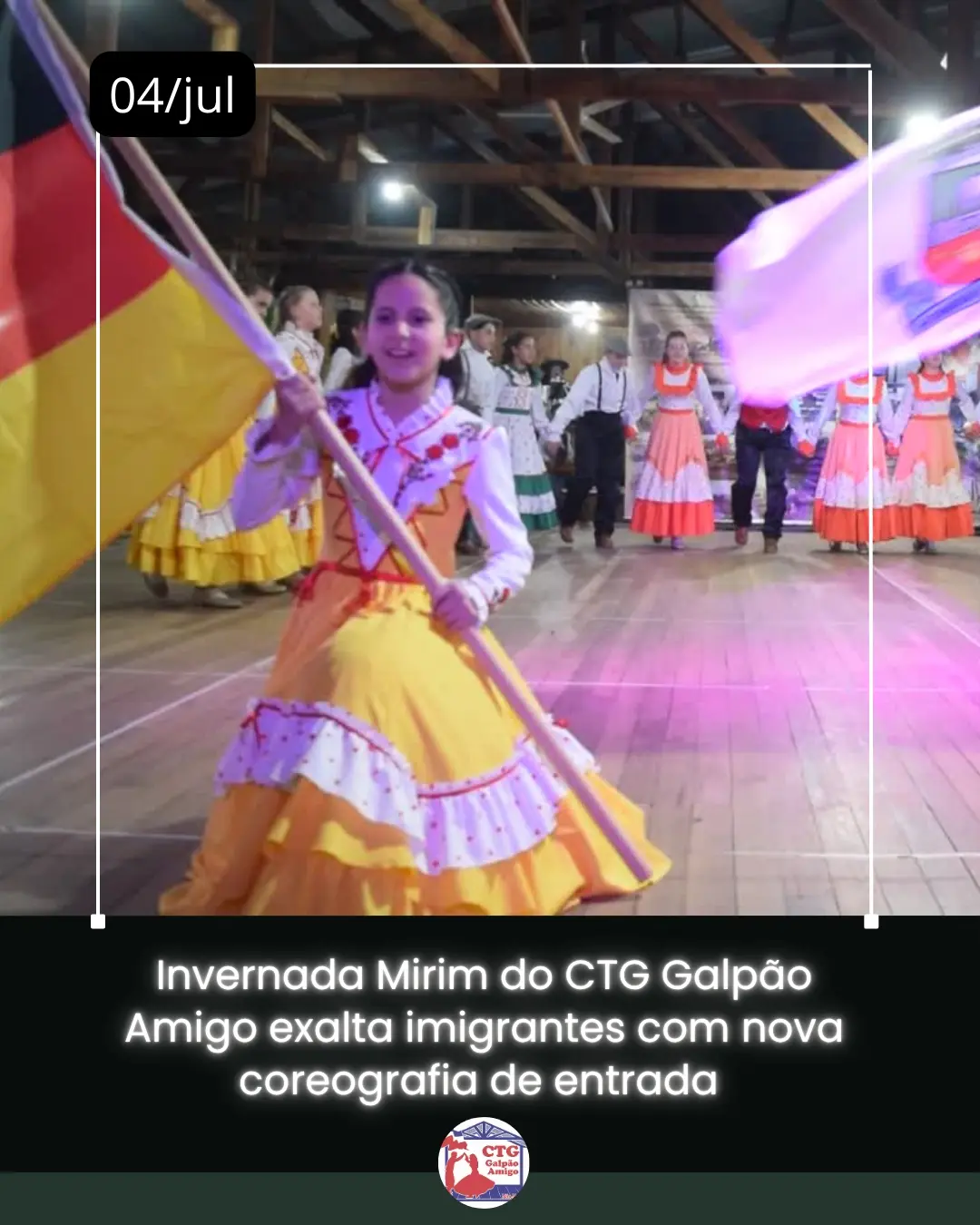 Imagem: Invernada Mirim do CTG Galpão Amigo exalta imigrantes com nova coreografia de entrada Em noite de pré-estreia, a Inverna.