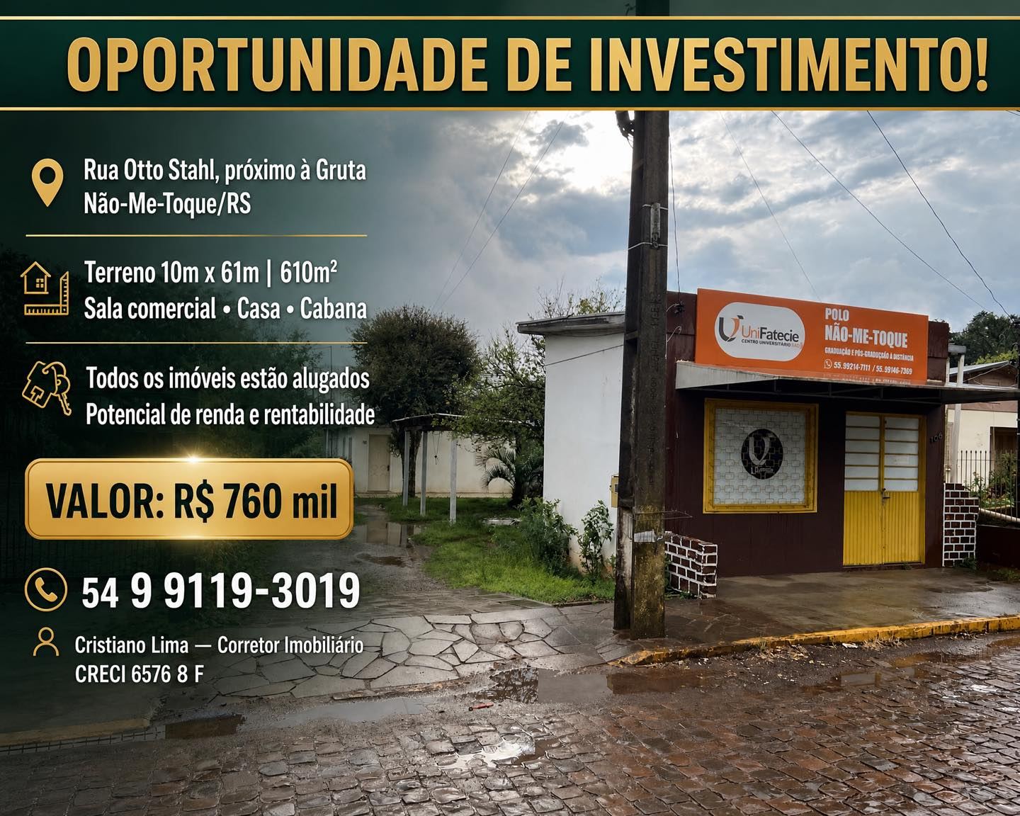 OPORTUNIDADE DE INVESTIMENTO! Rua Otto Stahl, próximo à Gruta — Não-Me-Toque/RS Terreno com 10m x 61m (610m²)...