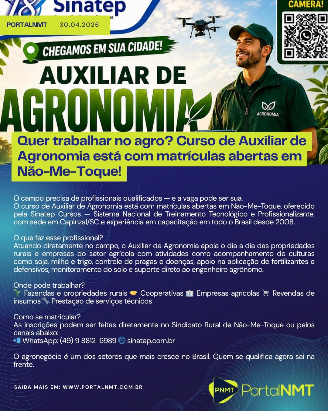 Matrículas abertas em Não-Me-Toque: curso de Auxiliar de Agronomia é porta de entrada para o agro O campo precisa de pro...
